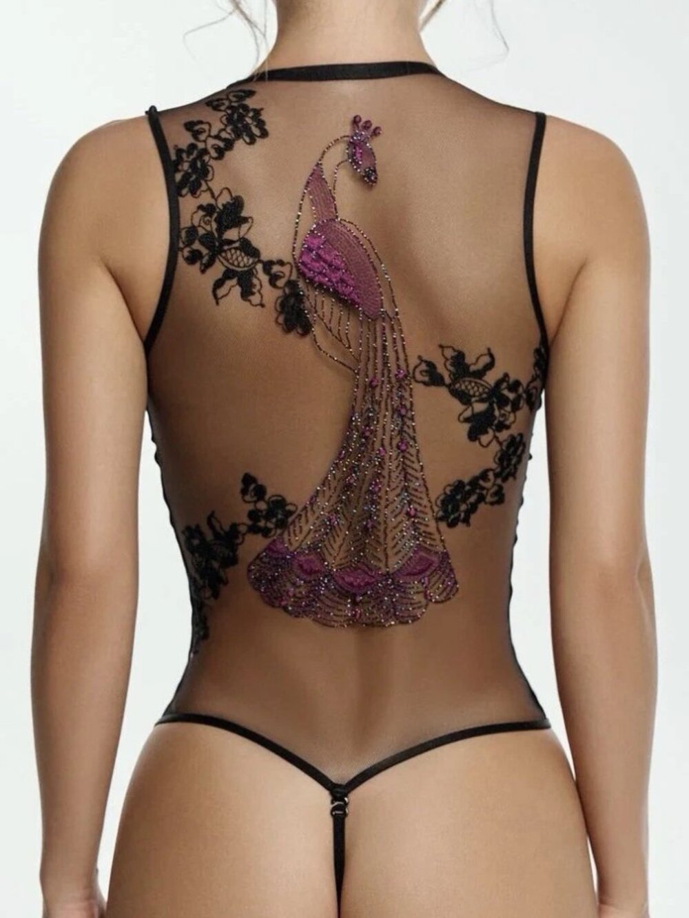 Shikkosa Peacock Bodysuit Black Small Sheer Mesh Cutout Teddy Lingerie NWT - Picture 3 of 10